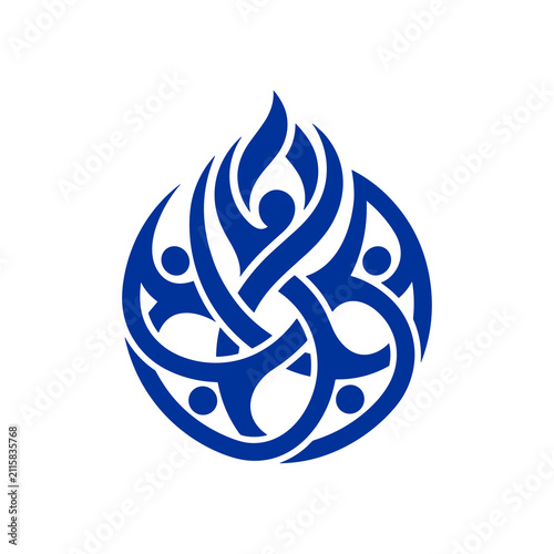 Blue abstract intertwined human figures and flame logo design.