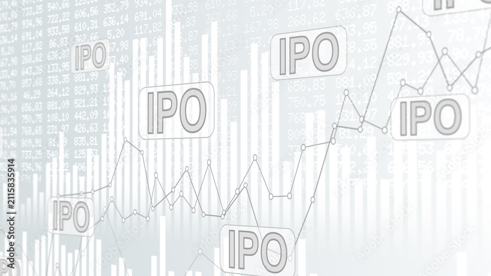Fototapeta premium Initial public offering IPO concept candlestick market line trend trading exchange finance business, with global stock market listing, equity investment strategy
