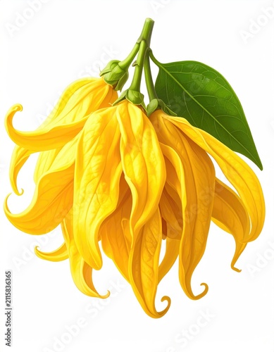 Delicate yellow blossoms with long, curled petals and a green leaf