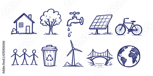 eco friendly sustainable green lifestyle element collection doodle icon set vector illustration