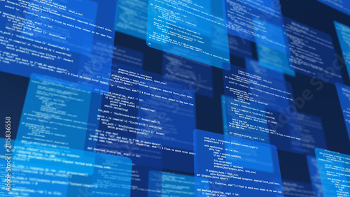 Code typing multi window abstract programming code on digital monitor with cybersecurity interface, software development, binary data encryption