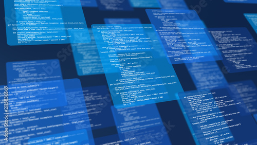 Software development, binary data, encryption and cloud computing technology background abstract programming code on digital monitor with cybersecurity interface