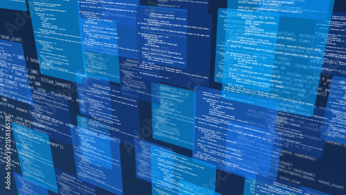 Abstract programming code on digital monitor with cybersecurity interface, software development, binary data, encryption and cloud computing technology background