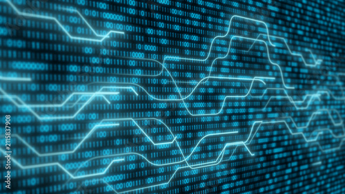 Fotografie Digital binary code line circuit data transfer, fiber optic link light laser fas