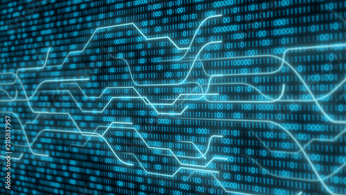 Obraz na płótnie Digital binary code line circuit data transfer, fiber optic link light laser fas