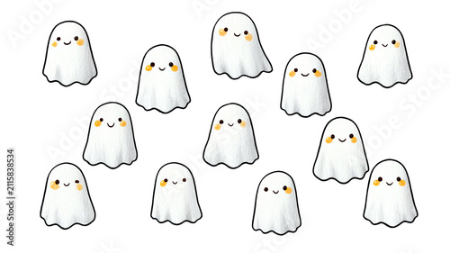 cute kawaii ghost characters patterns with smiling white spooky ghosts Halloween decoration isolated on white background 