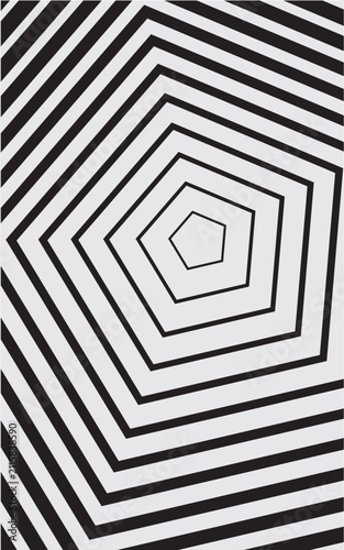 Hypnotic optical illusion background with black and white concentric pentagons. Abstract geometric pattern of repeating pentagonal shapes. Minimalist op art vector for modern graphic design.