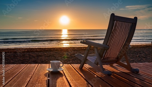Coffee Cup Rests On A Wooden Surface Beside A Beach Chair The Sun Rises Casting Soft Light Over The Ocean And Creating A Warm Seaside Atmosphere