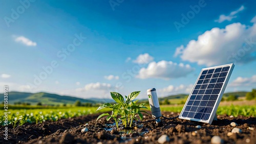 Solar panel powering sustainable agriculture with young green plant growing in fertile soil under blue sky
