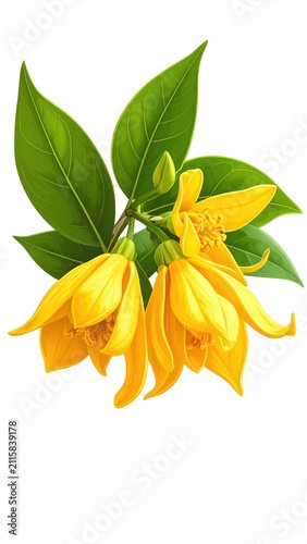 Vibrant yellow blossoms with lush green leaves on a white background