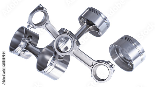 Collection of three piston and connecting rod assemblies isolated on white background p n g a i generated