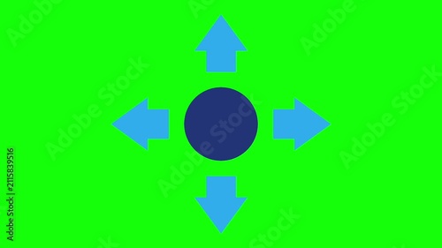 Animated Four Way Arrows Icon, Navigation and Move Concept, Blue Graphic on Green Screen Background