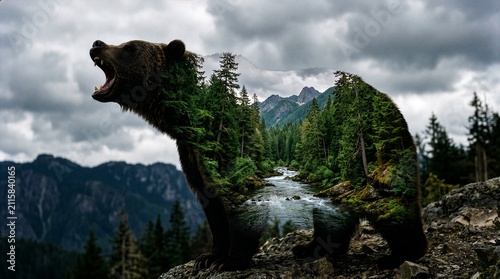 Double exposure roaring grizzly bear silhouette with mountain river, pine forest and rocky peaks inside body, wild nature and wildlife concept art