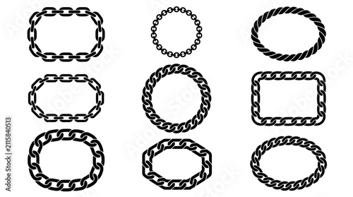 Set of black chain frames in various geometric shapes, rustic link border elements, vintage outline ornament for labels, tags, decorative projects