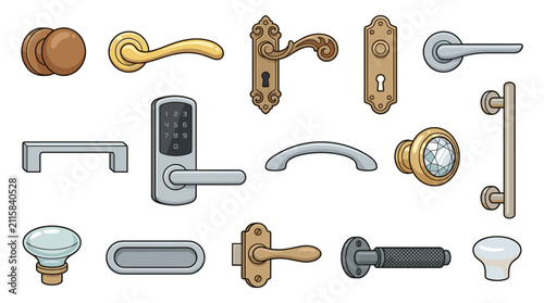 Set of assorted door handles and knobs, modern metallic and vintage brass hardware, architectural door fixtures, interior design components