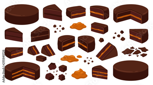 Collection of chocolate cake illustrations, layers, slices, crumbs and filling, dessert menu elements for food industry, sweet bakery shop decoration