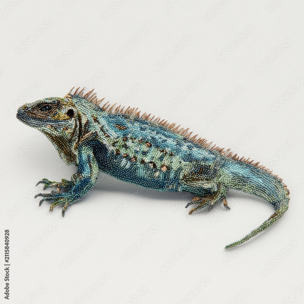Fototapeta premium Detailed Illustration Of A Blue And Teal Iguana With Spiky Scales On A Light Neutral Background