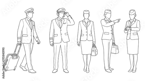 Set of five diverse people in linear style standing and walking, travel and business silhouettes, simple line drawing for architectural visualization