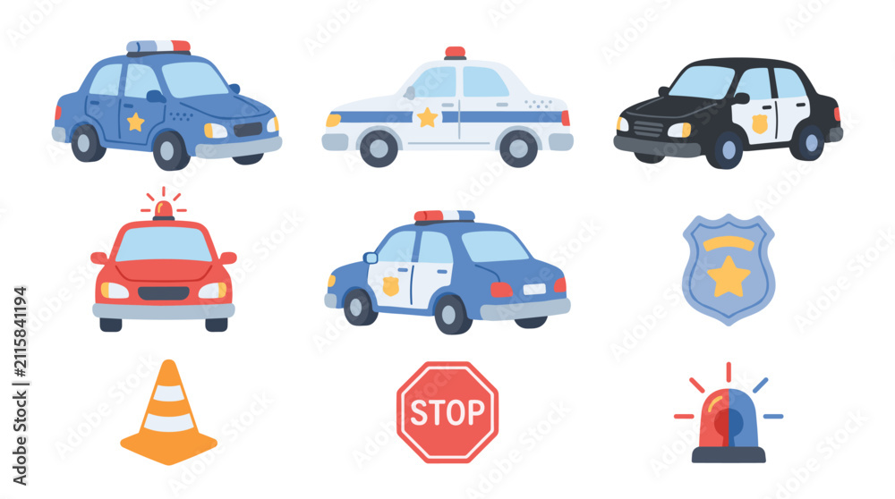 Naklejka premium set of law enforcement transport icons with patrol cars, badge, traffic cone, stop sign, and siren for emergency safety and security system design