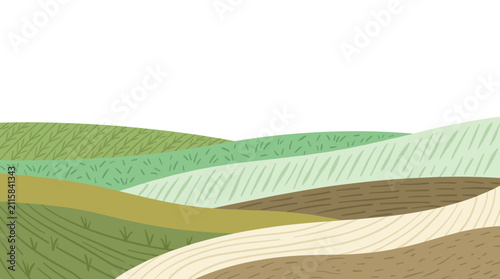 Wavy fields pattern with crosshatch texture, stylized agricultural landscape, farmland rolling hills, rural terrain illustration, organic earth tones