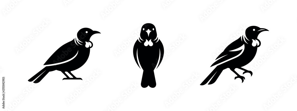 Fototapeta premium Tui Bird Silhouettes Set - New Zealand Native Bird Icons, Endemic Wildlife Vector