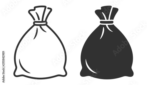 Trash bags icon set, black and white simple line art symbols, garbage disposal, waste management, recycling, sanitation, vector illustration.