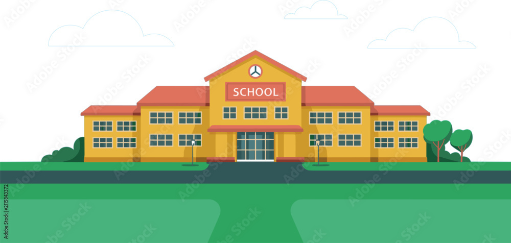 Fototapeta premium School Building Exterior Facade with Campus Lawn Yellow Academic Architecture Elementary High School University Learning Institution and Backyard Green Landscape Flat Vector Design