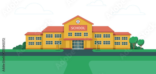 School Building Exterior Facade with Campus Lawn Yellow Academic Architecture Elementary High School University Learning Institution and Backyard Green Landscape Flat Vector Design