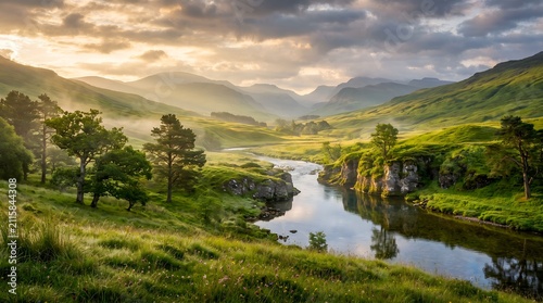 Scenic Mountain River Valley Surrounded by Majestic Green Highlands at Sunrise