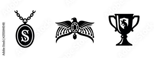 Bild auf Leinwand Black silhouette icons of a locket with 'S', an eagle crest, and a trophy cup