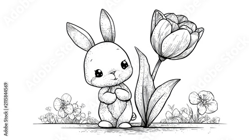 cute kawii rabit character sitting beside blooming flower with botanical garden elements hand darwn illustration isolated on white background 