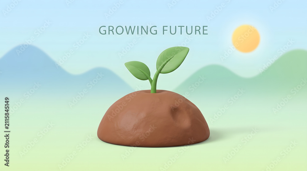 Fototapeta premium 3D clay illustration of a green sprout growing from soil in a sunny mountain landscape.