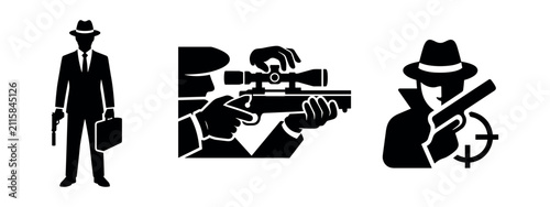 Spy and assassin icons: man with gun, sniper, secret agent, target