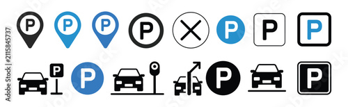 Car parking icon set design, public parking signs with location marker symbols, navigation guidance, vehicle parking area, vector illustration.