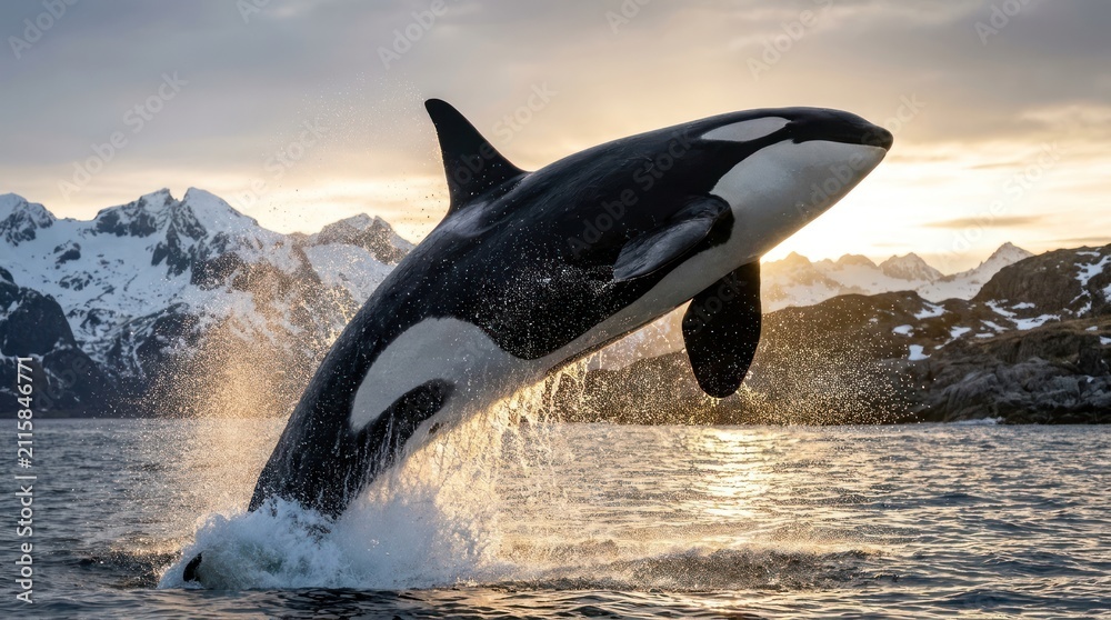 Obraz premium Majestic killer whale emerging from ocean water with dynamic spray