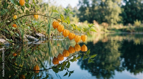 Beautiful golden husk tomatoes reflecting on calm water surface