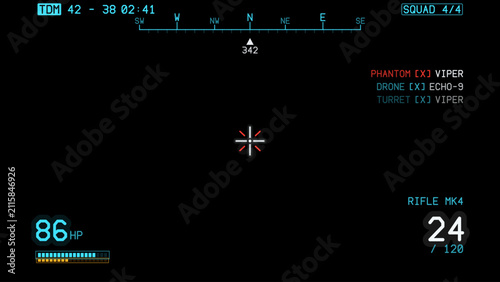 Sci-fi futuristic spaceship crosshair. HUD user interface. Techno target screen elements. Abstract Technology background. Game FPS crosshair HUD on black with compass strip, kill feed and ammo