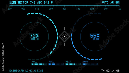 HUD elements mega set pack. Dashboard display virtual reality technology screen. Futuristic user interface. Futuristic HUD dashboard interface on black with segmented arc gauges and diamond reticle