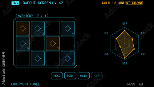 Big set vector elements for futuristic HUD virtual user interface. Mega set of futuristic elements of geometric shapes, frames. Game inventory panel UI on black with slot grid, hexagonal stat web and
