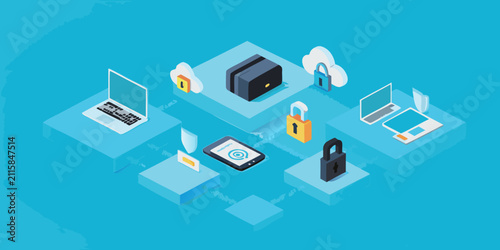 Isometric Security Icons Featuring Laptops Locks And Cloud Storage