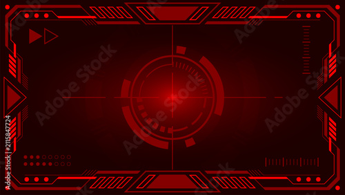 Futuristic red HUD frame background with user interface elements, crosshair target, and tech borders