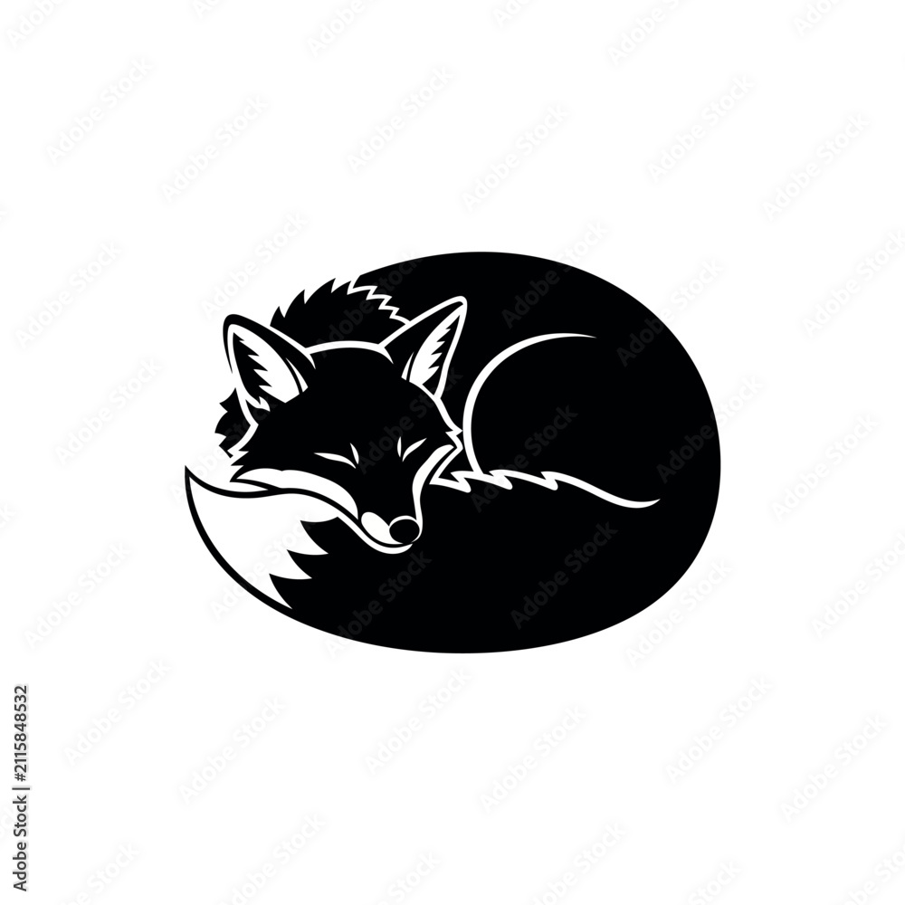 Obraz premium Stylized Black Fox Curled Up in Circle Silhouette.