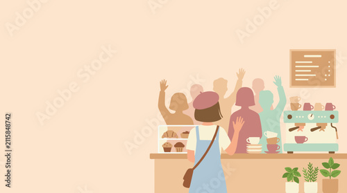 Girl in cafe waving at friends, coffee shop interior with espresso machine and pastries, copy space for menu, social gathering, leisure lifestyle