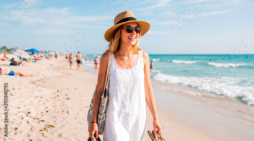 Young Woman Walking Along Sandy Beach on Sunny Summer Day