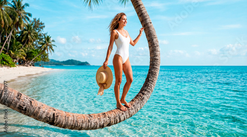 Woman Standing on Curved Palm Tree Above Crystal Clear Tropical Water