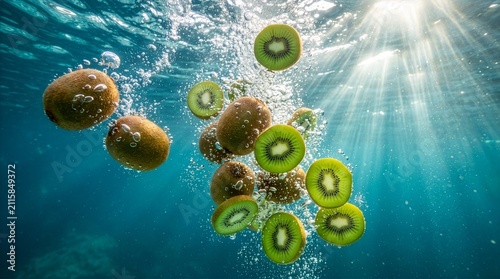 Whole and sliced kiwi fruits falling into clear blue water with bubbles and bright sun rays, underwater fresh fruit splash photography background