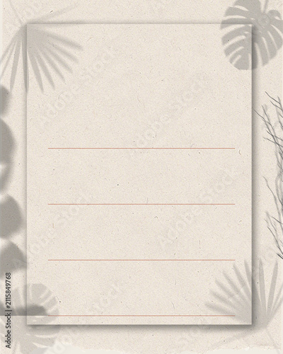Neutral tropical plant shadow document template with subtle grain layered paper depth thin writing lines and calm botanical silhouettes for notes planners invitations and minimalist stationery