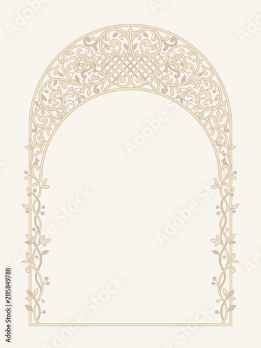 Floral arch frame with intricate lattice. Decorative botanical border for wedding design.