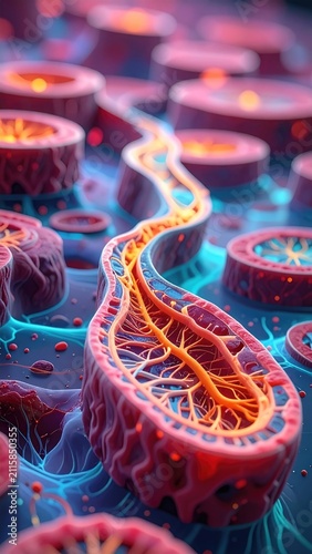 Close-up of glowing, microscopic structures with intricate inner pathways