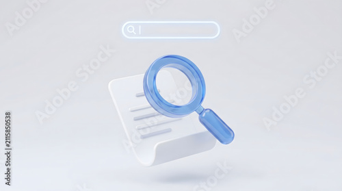 3D render of blue magnifying glass analyzing white document with glowing search bar interface.